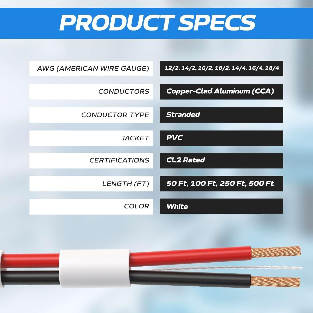 500FT 18/2 Speaker Wire CL2 Rated Indoor Low Voltage Copper Clad Aluminum (CCA) 18 Gauge 2 Conductors Cable with Easy Pull Box – Perfect for In-Wall Installation